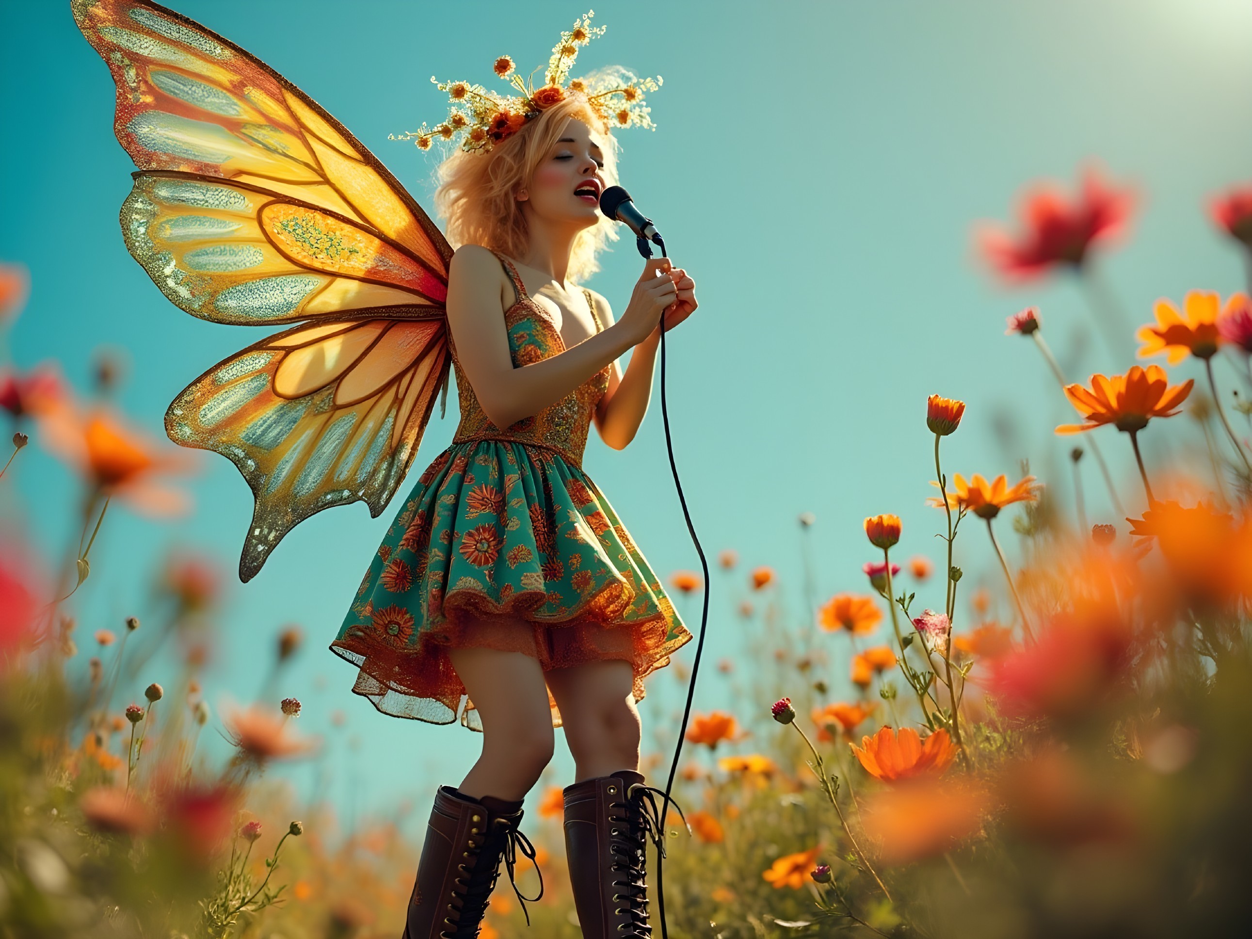 Whimsical Scene of Girl with Butterfly Wings in Flowers