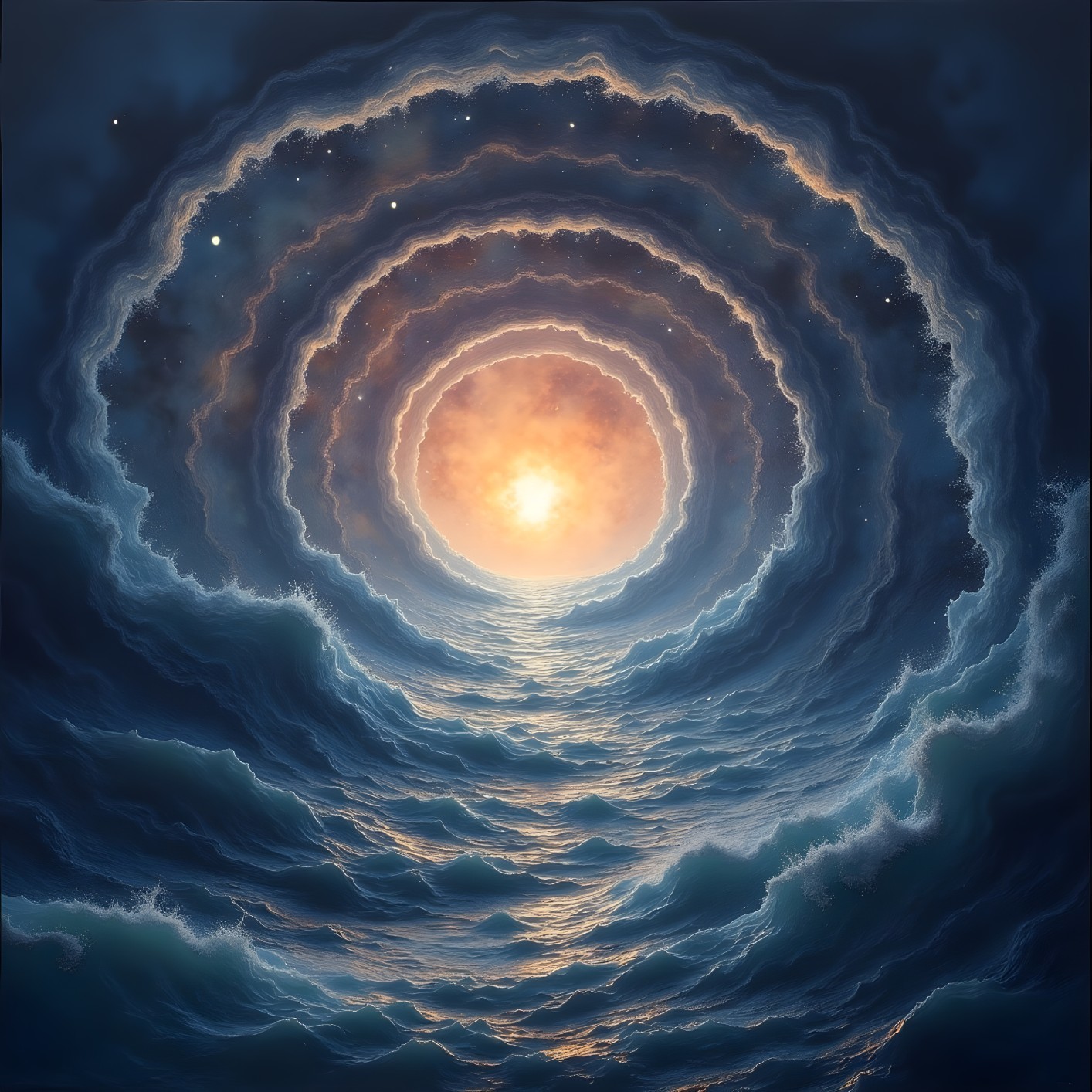 Swirling Vortex of Clouds and Waves with Radiant Sun