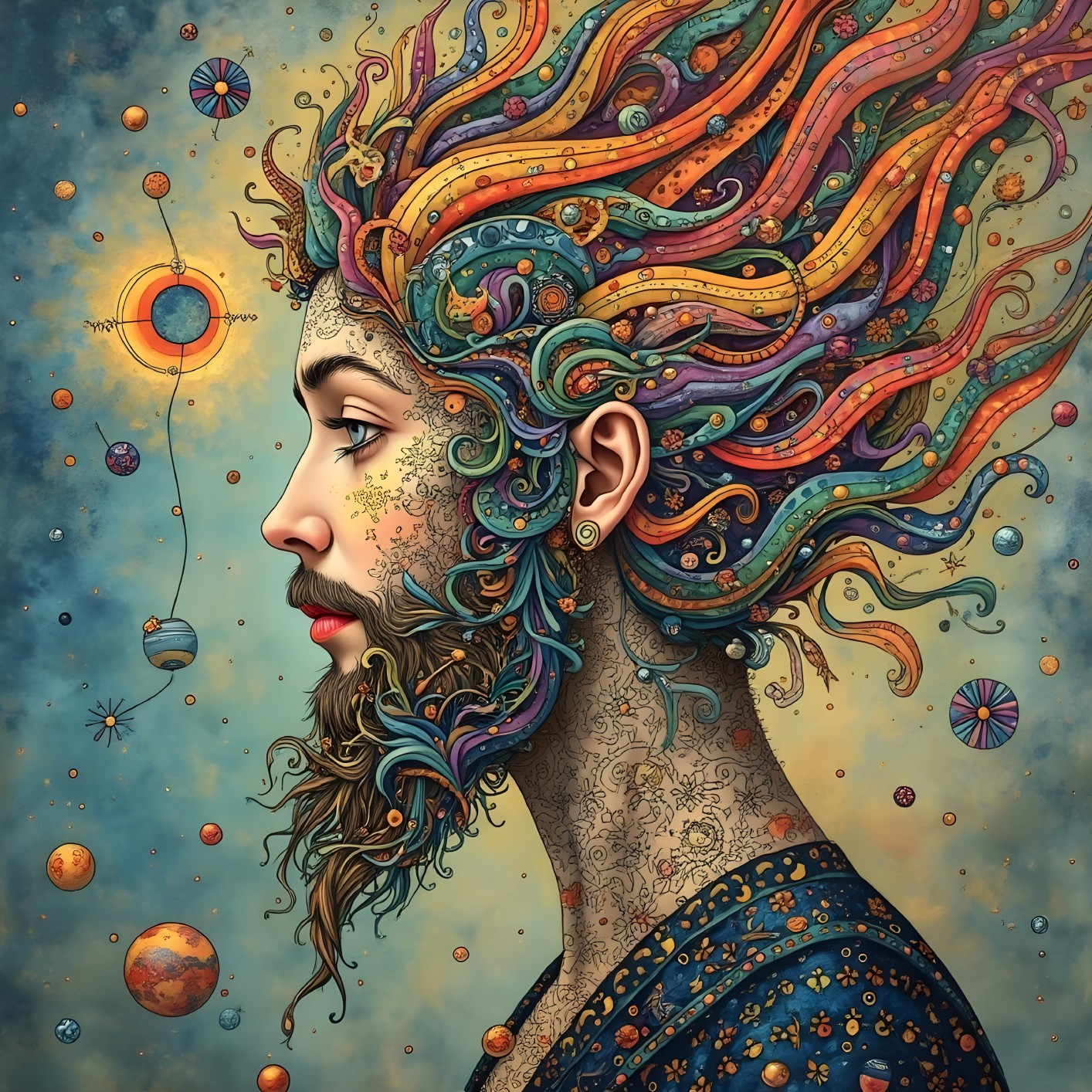 Whimsical Portrait of a Man with Cosmic Elements