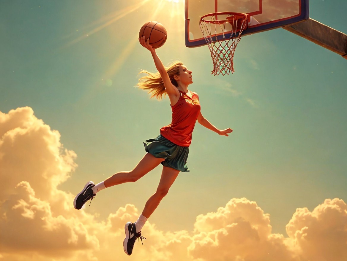 Young Female Basketball Player Dunking in Sunlight