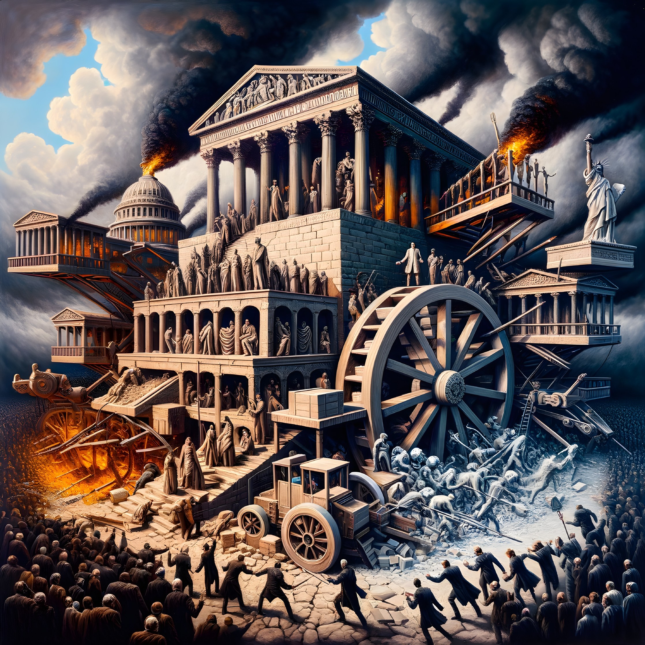 Massive temple structure engulfed in flames amidst chaos