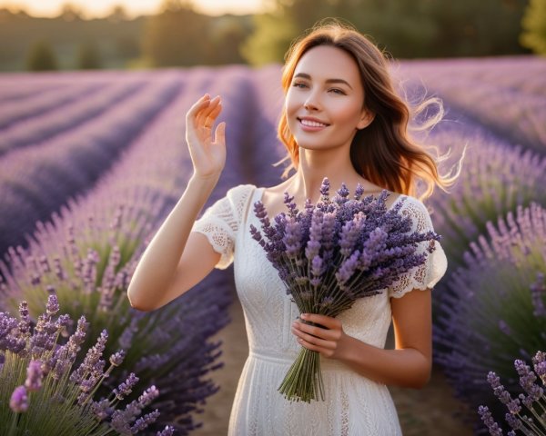 Woman in Lavender Field at Sunset with Bouquet