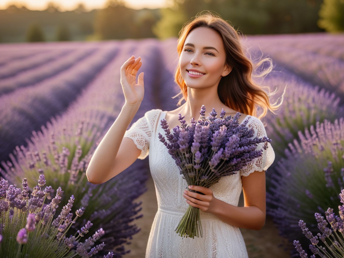 Woman in Lavender Field at Sunset with Bouquet