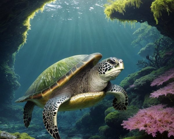 Sea Turtle Swimming Near Ocean Floor with Sunlight