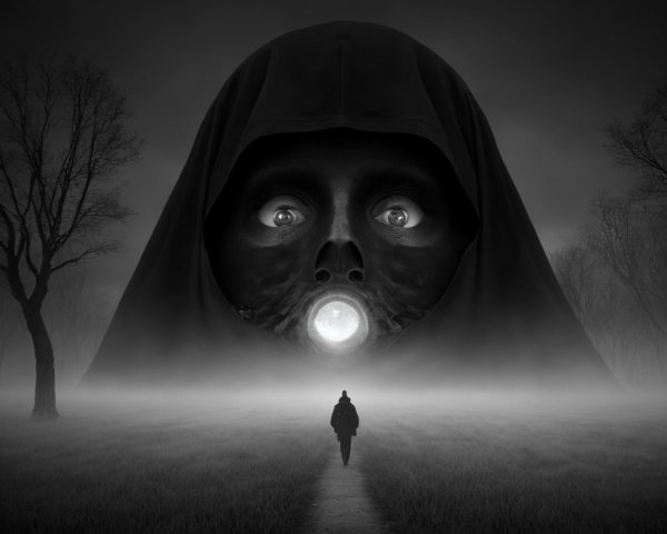 Person Approaching Glowing Orb in Eerie Landscape