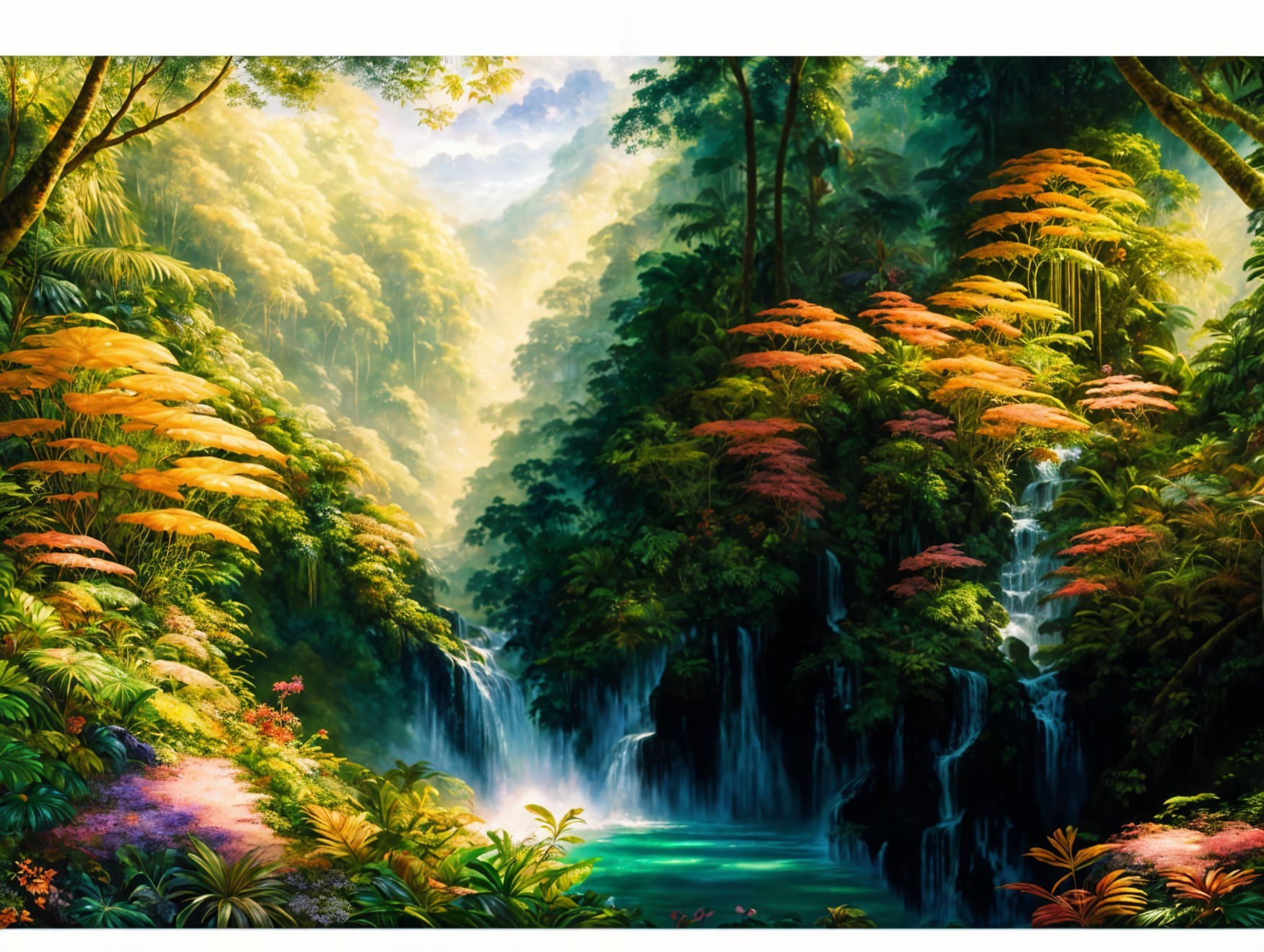 Vibrant Tropical Landscape with Waterfalls and Foliage