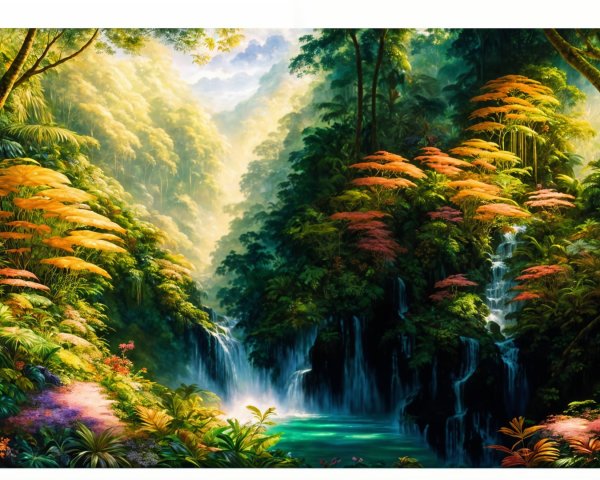Vibrant Tropical Landscape with Waterfalls and Foliage