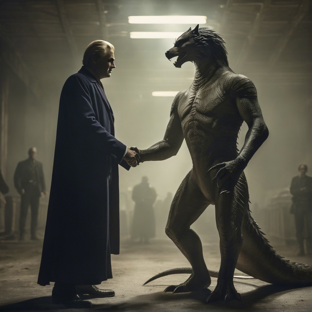 Tall Figure and Humanoid Wolf in Shadowy Setting