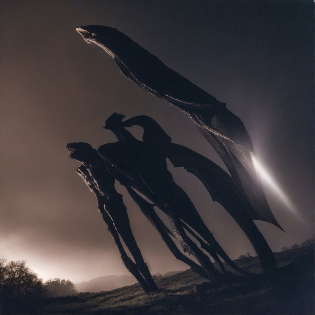 Mythical dragons in a misty night backdrop