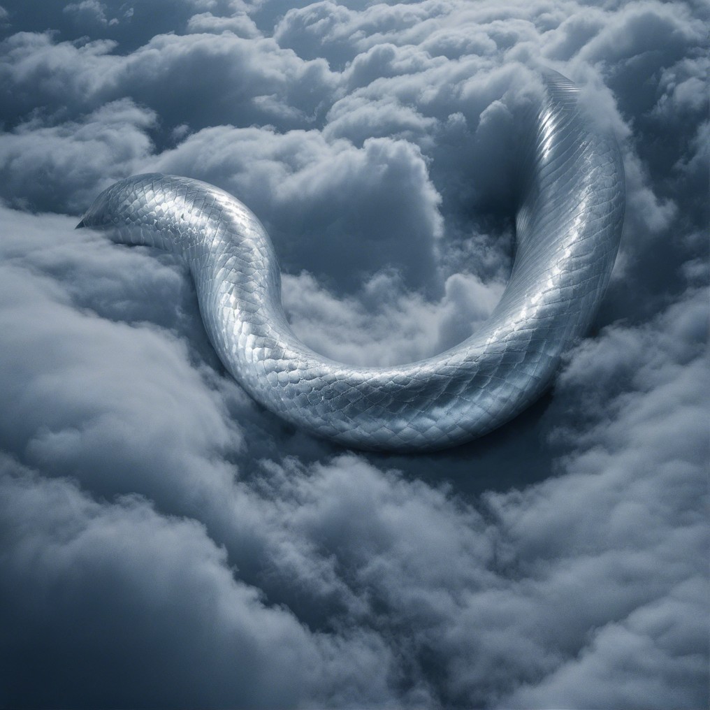 Metallic serpent gliding among fluffy white clouds