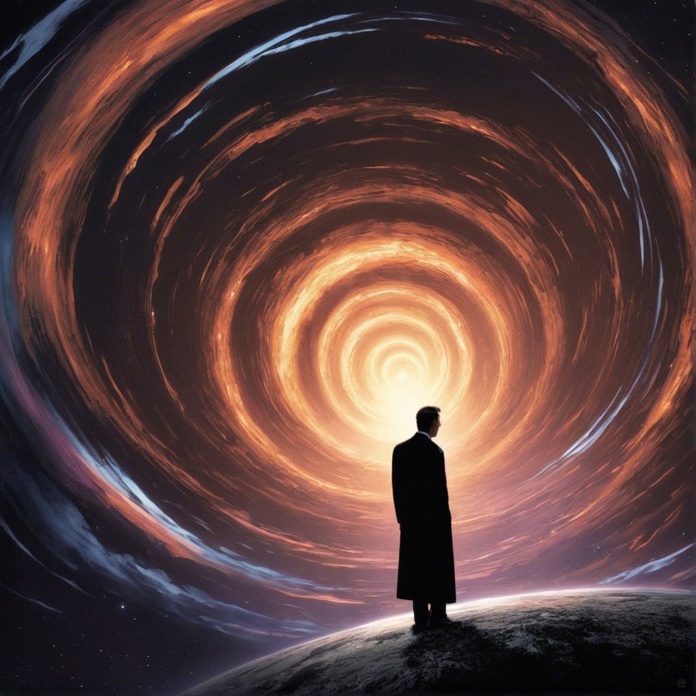 Silhouetted Figure on Distant Planet with Cosmic Vortex