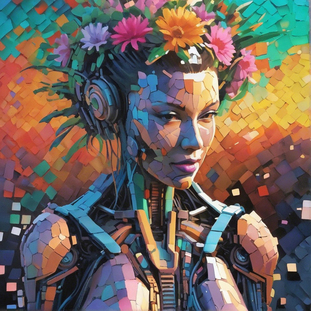 Futuristic humanoid robot with floral crown and colors