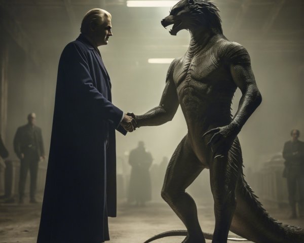 Tall Figure and Humanoid Wolf in Shadowy Setting