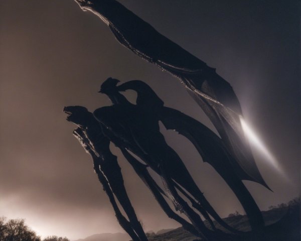 Mythical dragons in a misty night backdrop