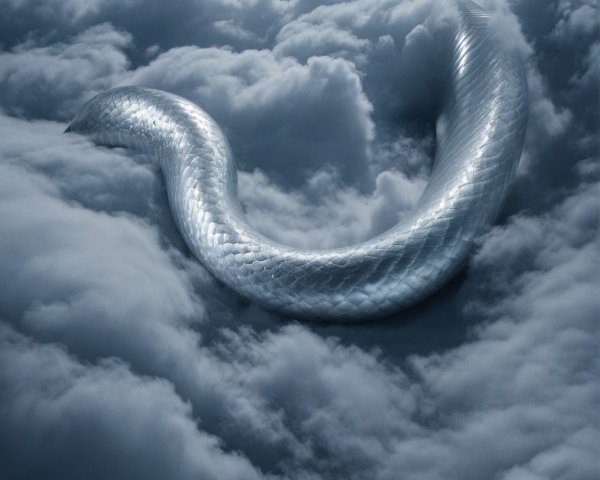 Metallic serpent gliding among fluffy white clouds