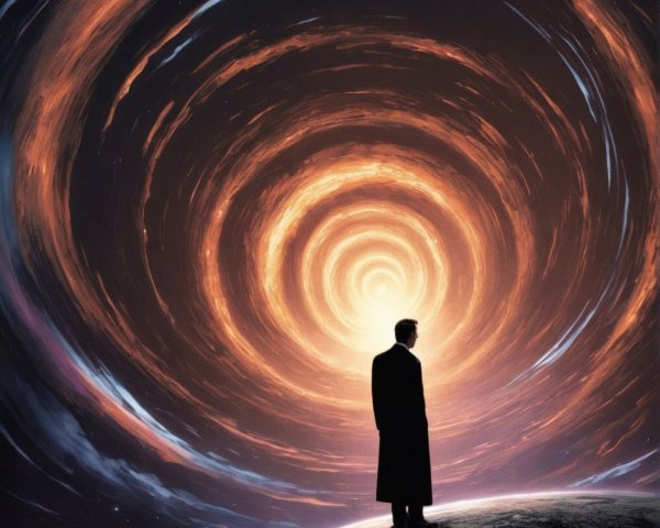 Silhouetted Figure on Distant Planet with Cosmic Vortex
