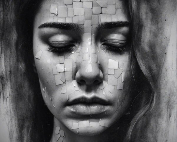 Close-Up Portrait of a Woman with Abstract Tiles