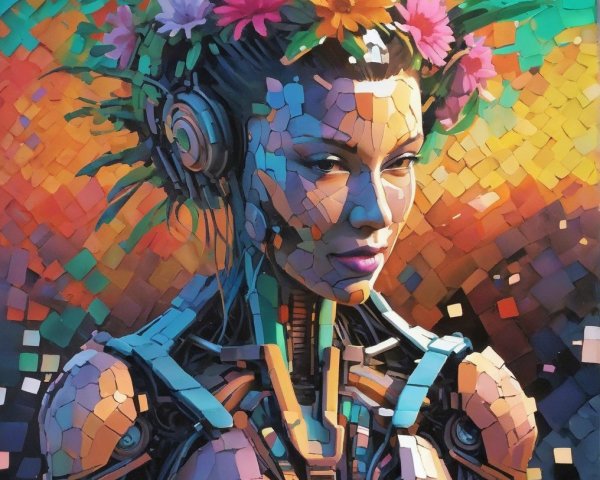 Futuristic humanoid robot with floral crown and colors