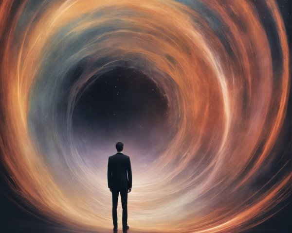 Lone Figure Before a Colorful Cosmic Vortex