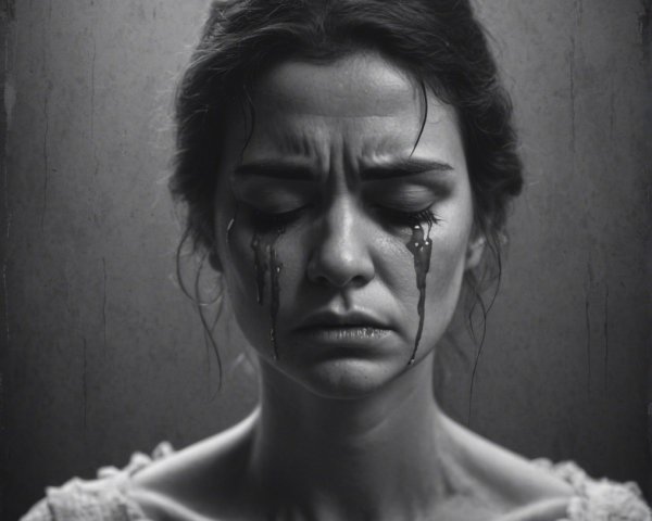 Somber Woman with Distressed Expression and Tear Streaks
