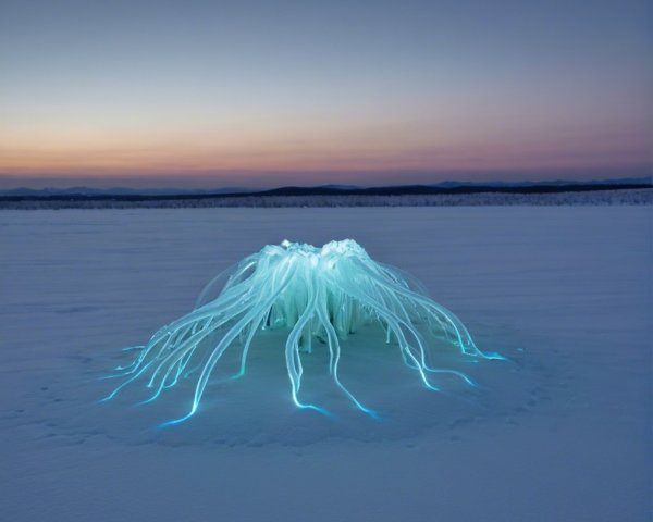 Surreal Jellyfish Object in Snowy Dusk Landscape