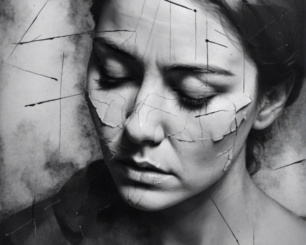 Contemplative Woman with Porcelain-Like Cracks