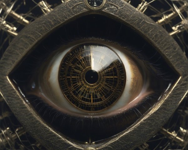 Ornate Eye Design with Clock Face and Metallic Frame