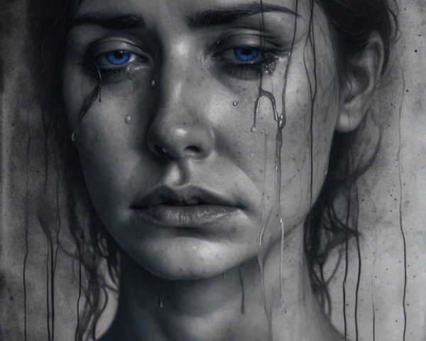 Woman with Blue Eyes Expressing Deep Sorrow
