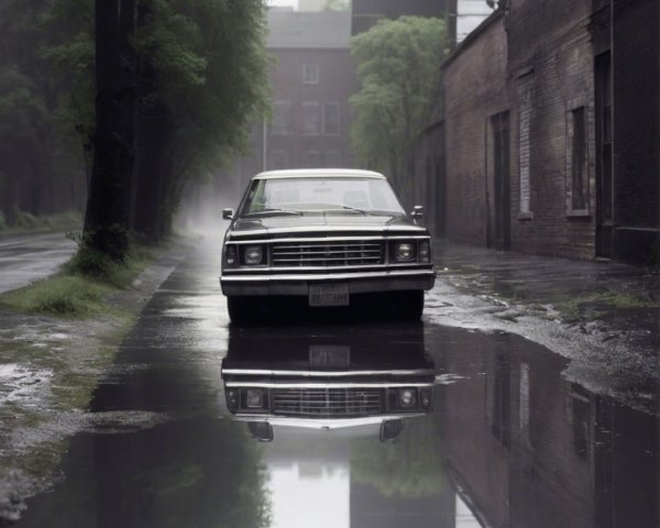 Vintage Car on Rain-Soaked Street with Misty Buildings