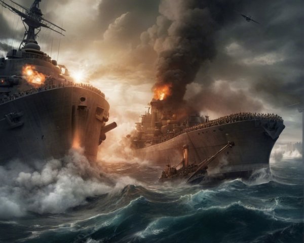 Dramatic naval battle between two massive warships