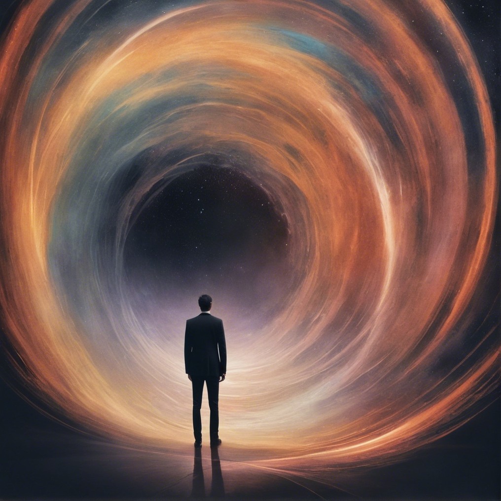 Lone Figure Before a Colorful Cosmic Vortex