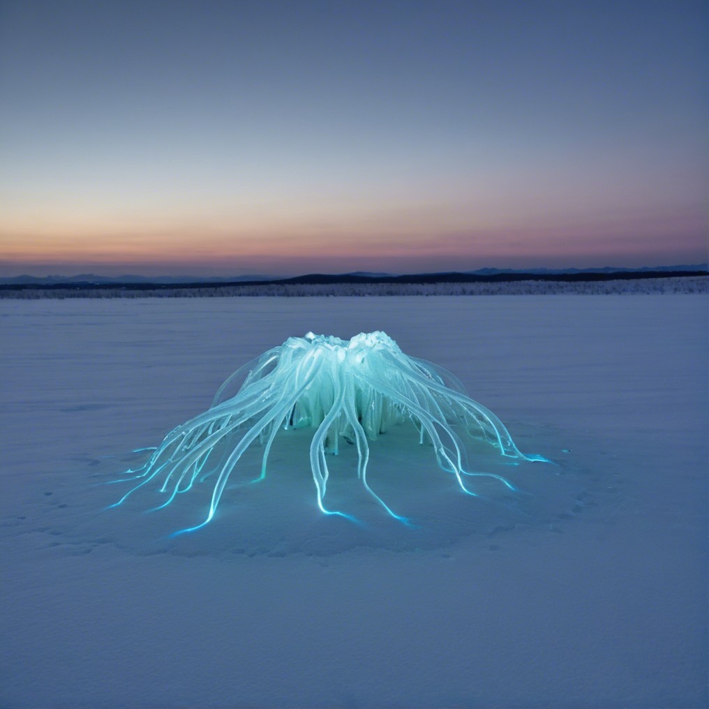 Surreal Jellyfish Object in Snowy Dusk Landscape