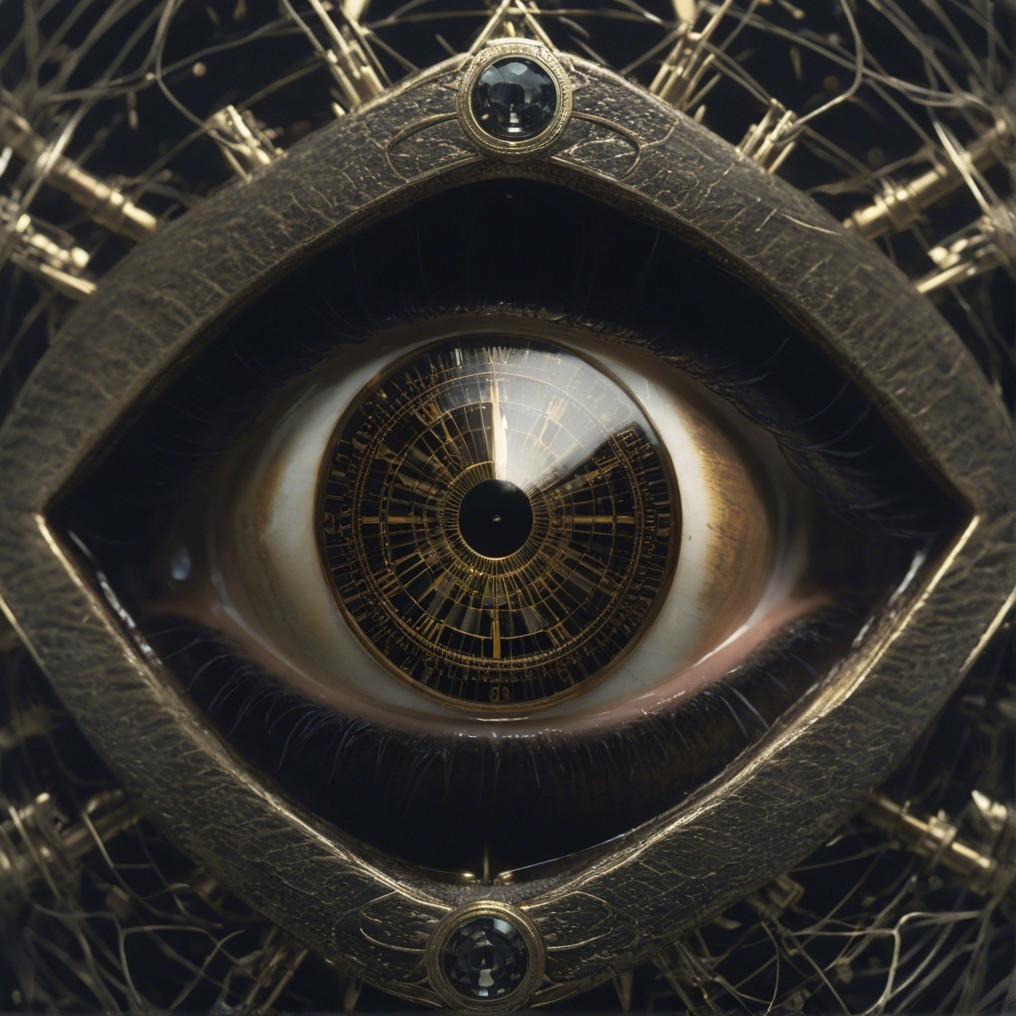 Ornate Eye Design with Clock Face and Metallic Frame