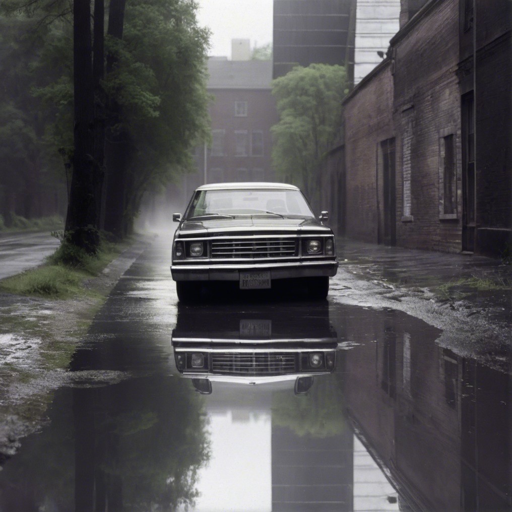 Vintage Car on Rain-Soaked Street with Misty Buildings