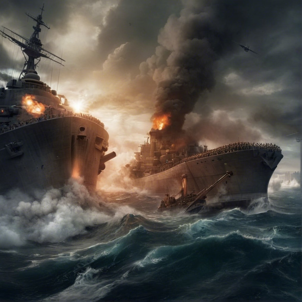 Dramatic naval battle between two massive warships