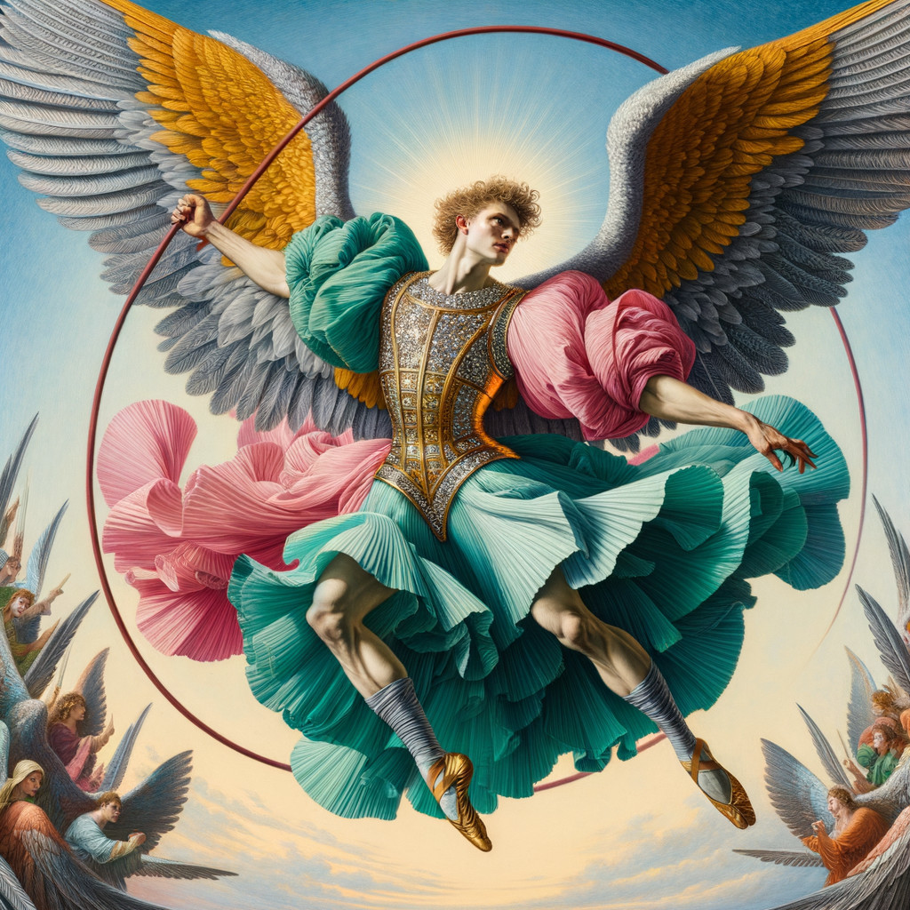 Angel with Curly Hair and Colorful Attire in Flight