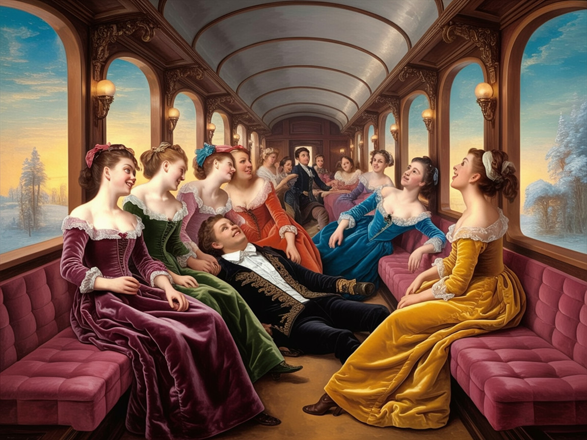 Elegant Vintage Train Carriage with Lively Conversations