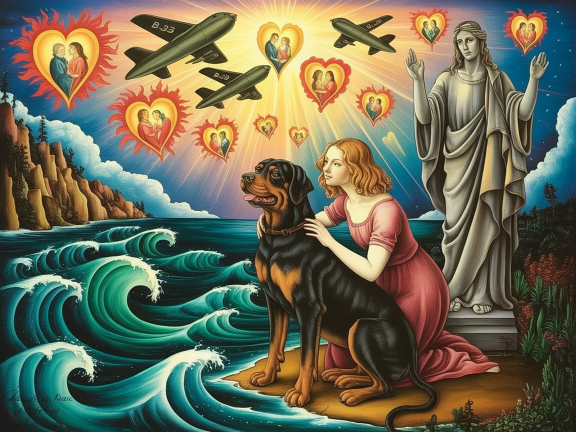 Woman in Pink Dress with Rottweiler on Beach Scene