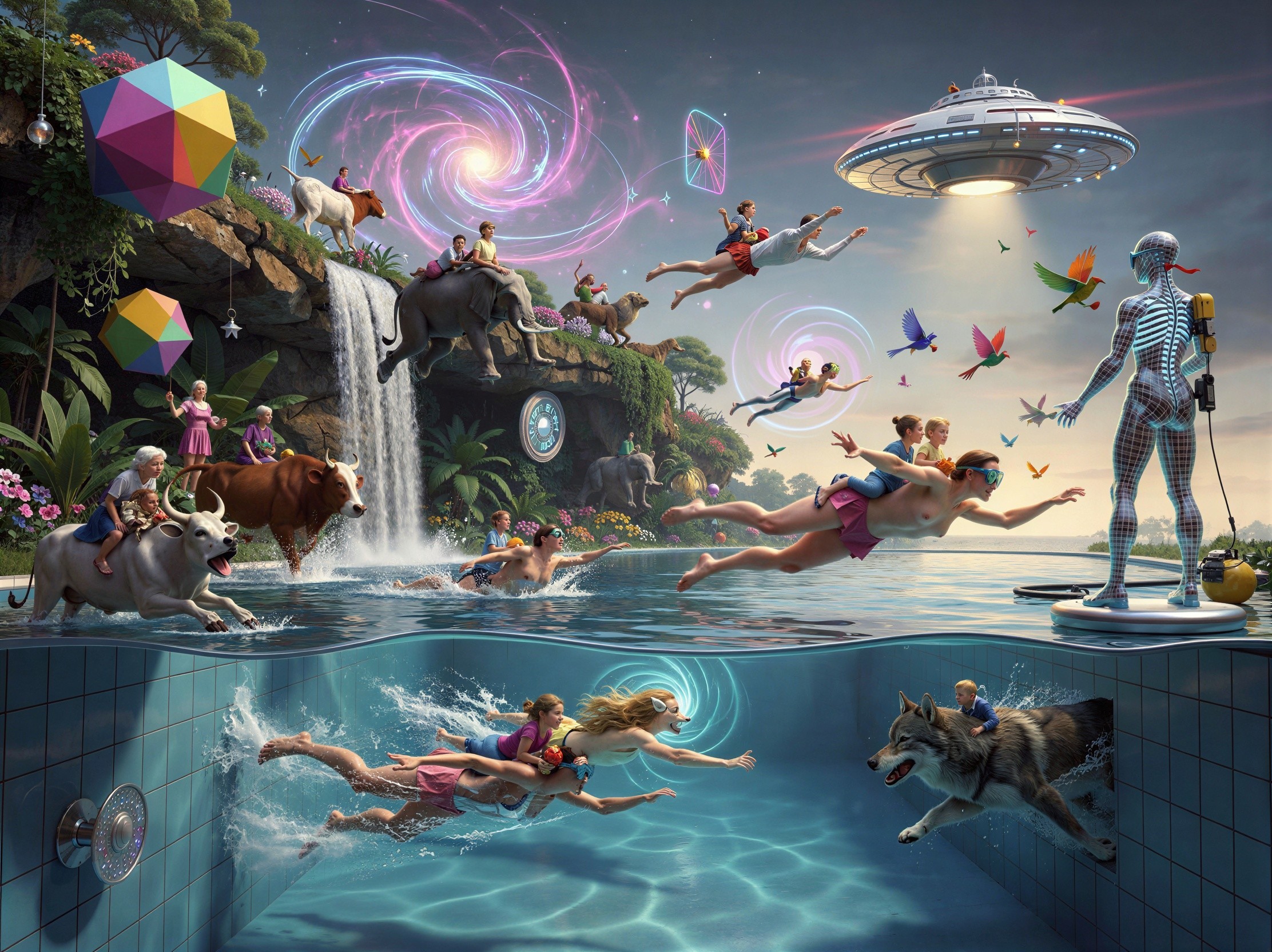 Jungle Landscape with Waterfall and Flying Saucer