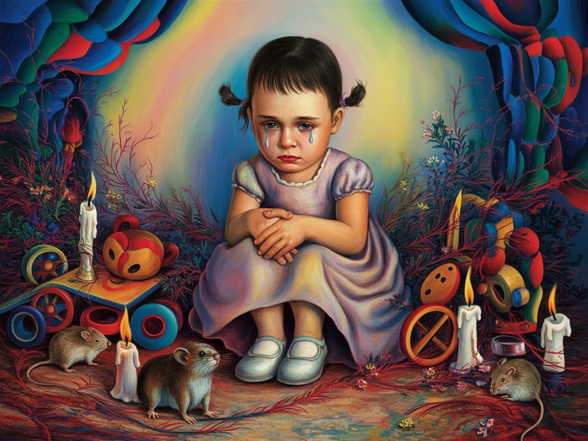 Young girl in colorful dreamlike setting with toys