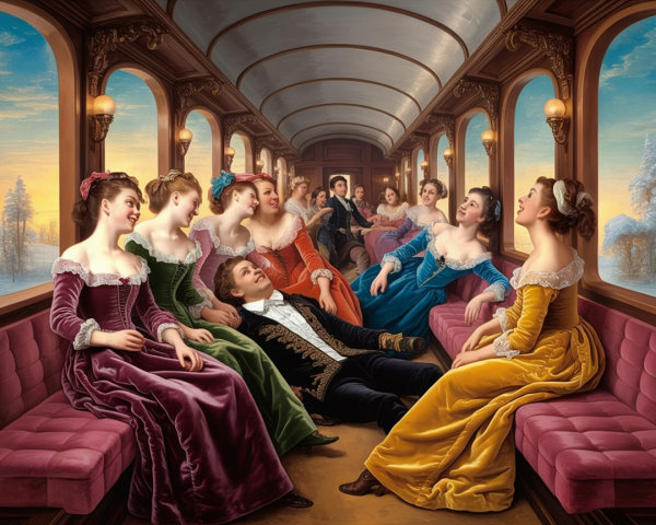 Elegant Vintage Train Carriage with Lively Conversations