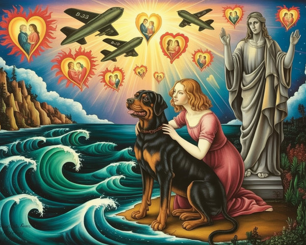 Woman in Pink Dress with Rottweiler on Beach Scene