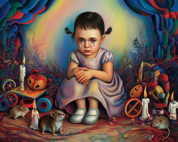 Young girl in colorful dreamlike setting with toys