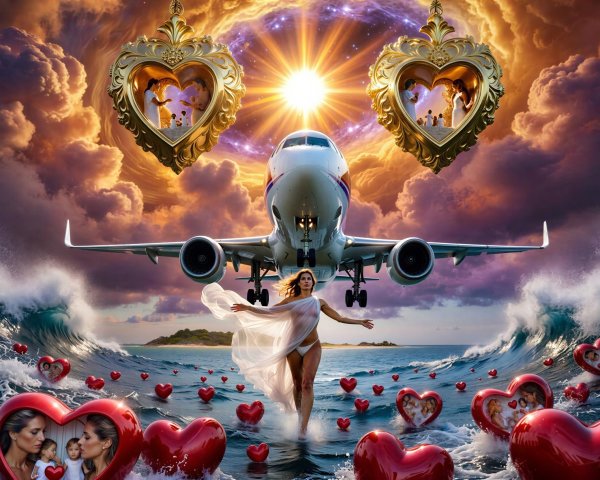 Romantic Scene of Jet Airliner Over Ocean and Heart Objects