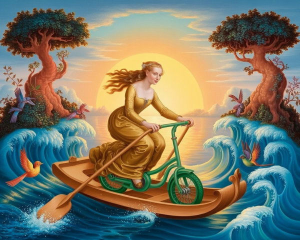 Woman in golden gown biking on a boat at sunset