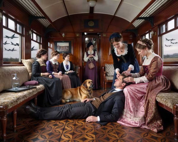 Man in Suit and Women in Period Dresses in Train Cabin