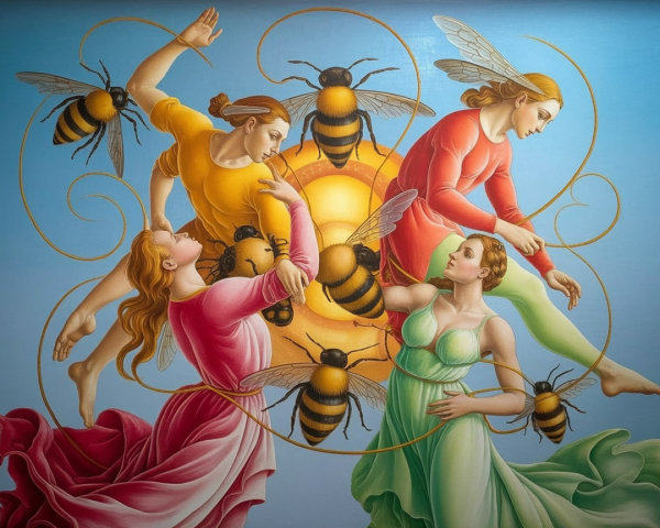 Colorful Artwork with Four Female Figures and Bees