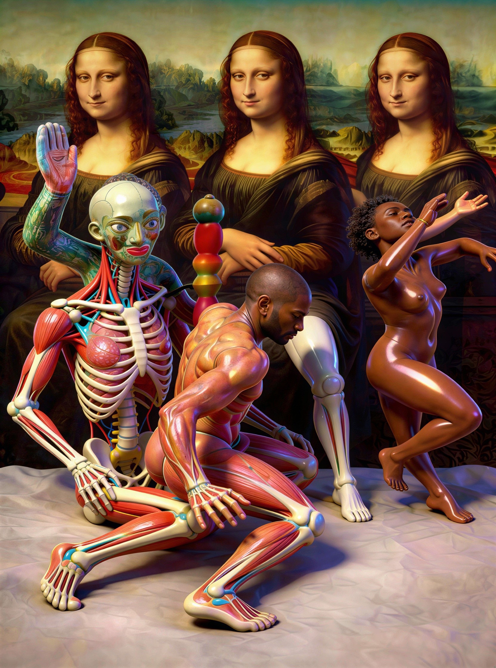 Surreal scene with figures and Mona Lisa paintings