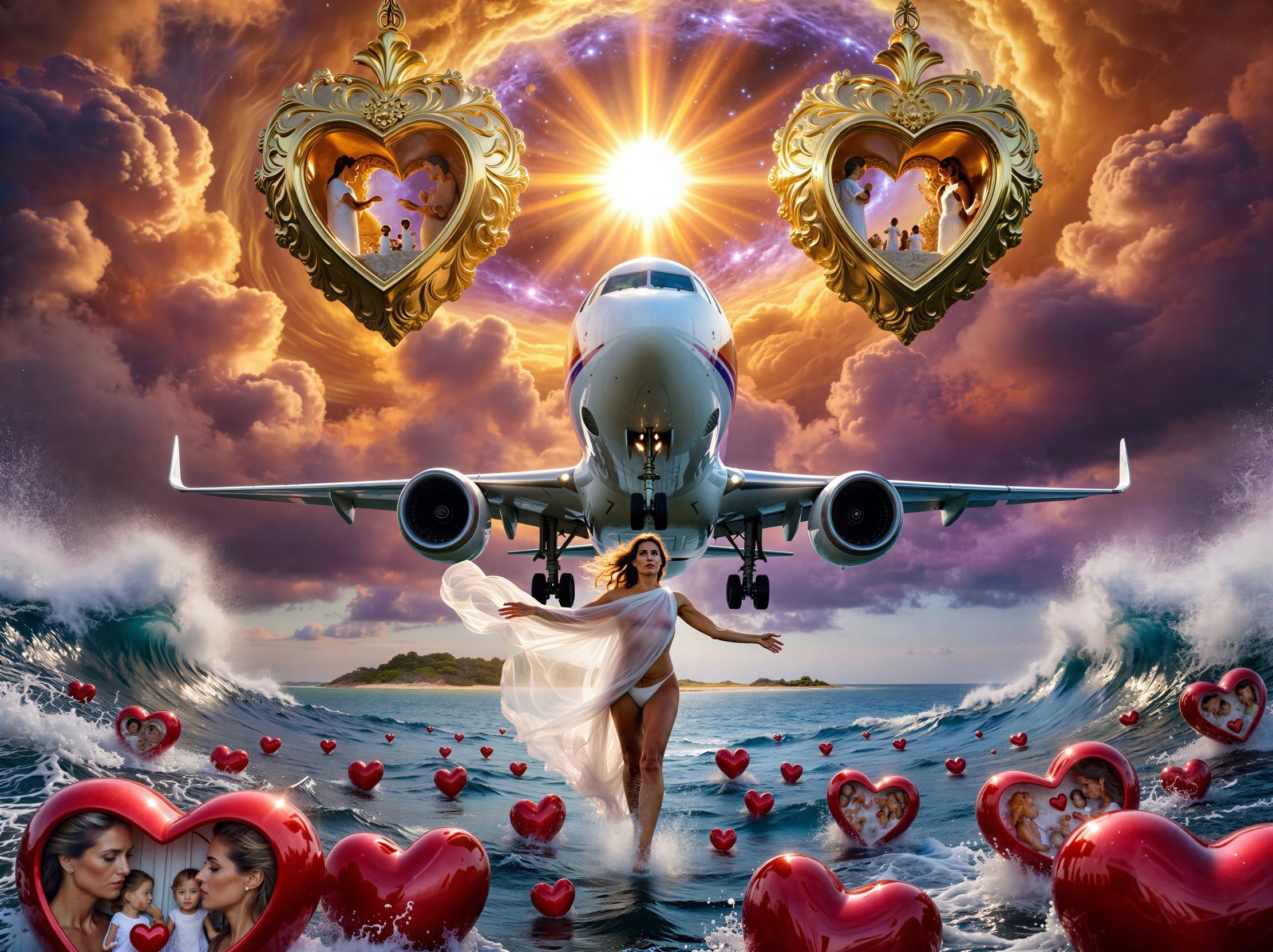 Romantic Scene of Jet Airliner Over Ocean and Heart Objects