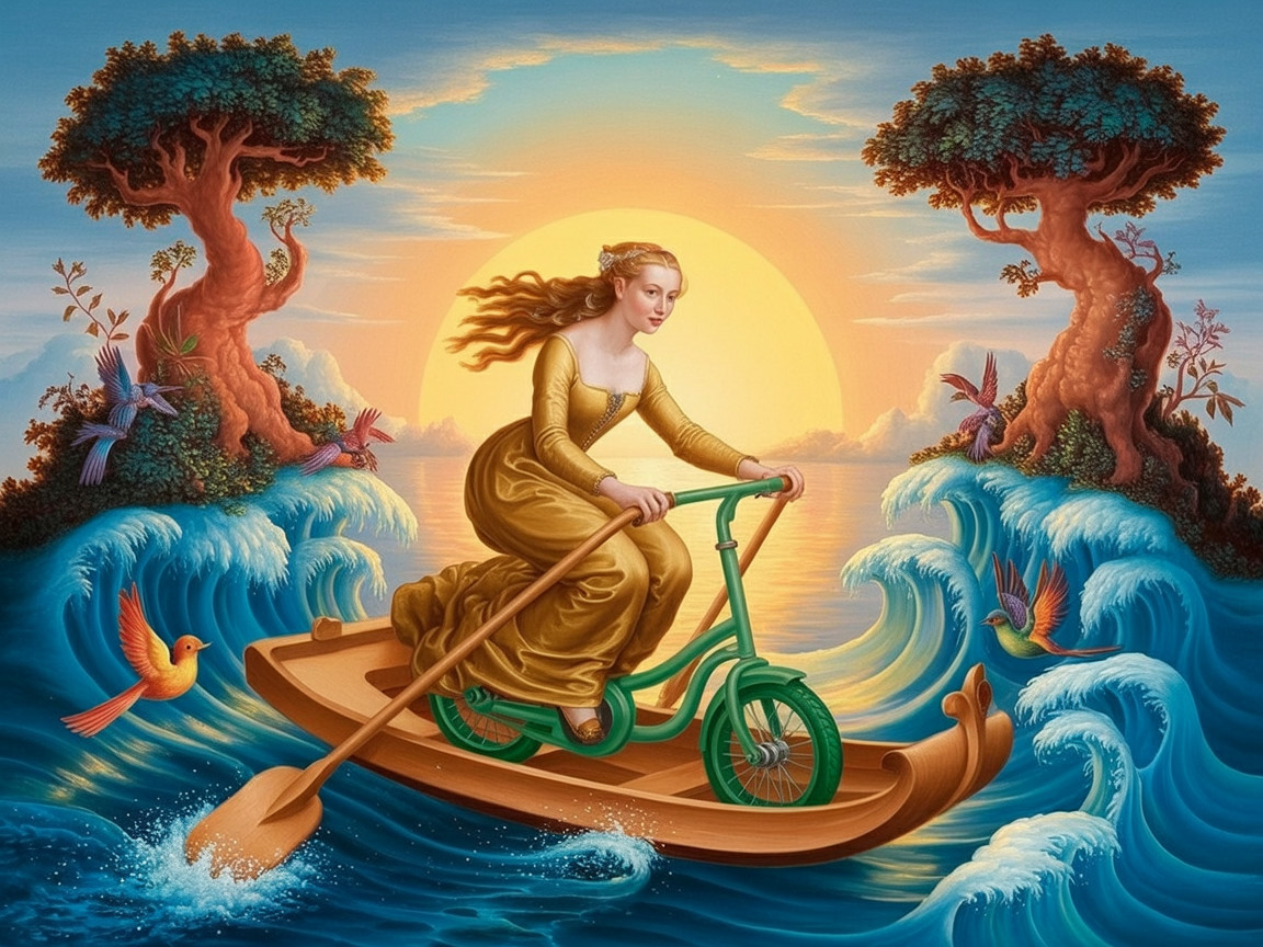 Woman in golden gown biking on a boat at sunset